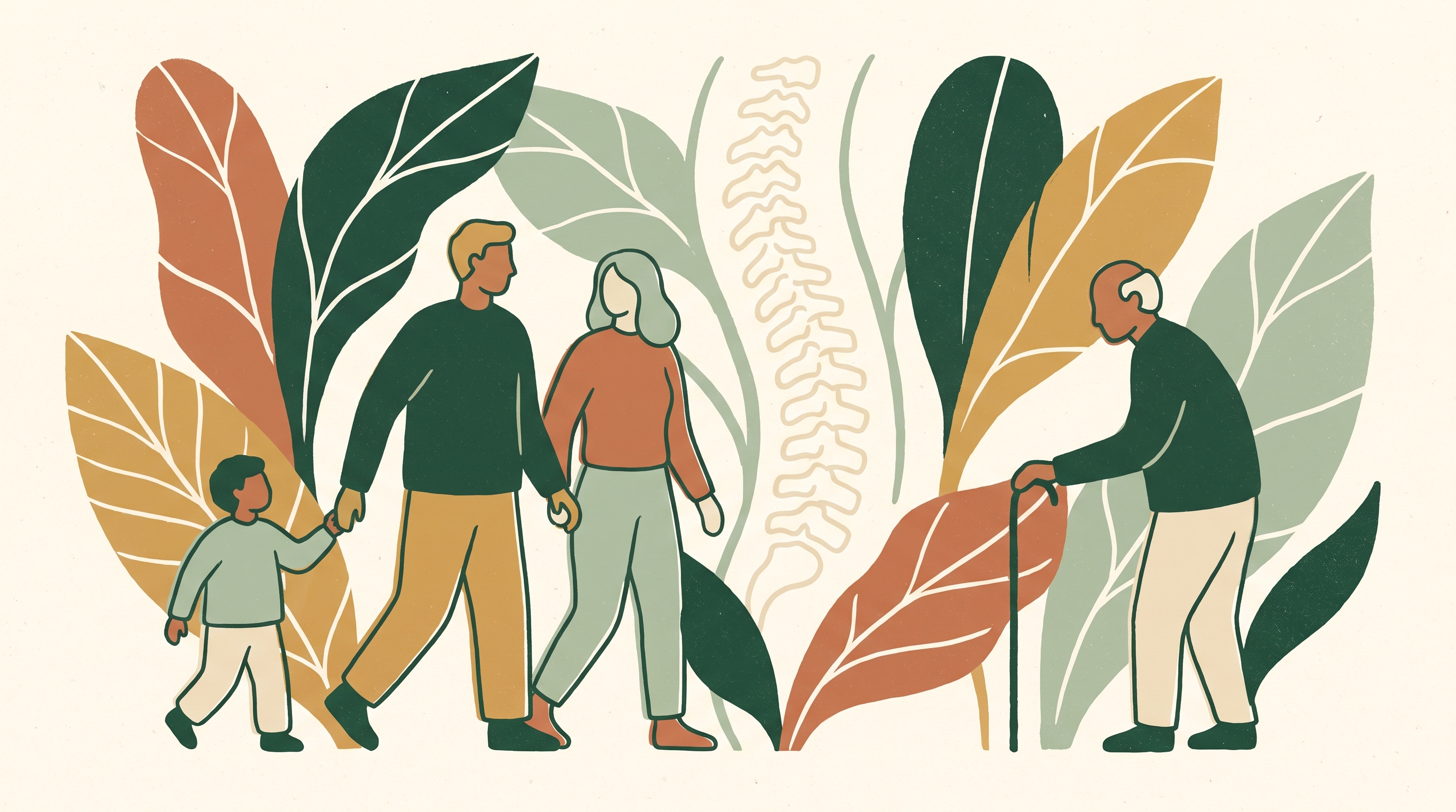 Flat illustration of a family of all ages standing with good posture among leaves and a spine motif