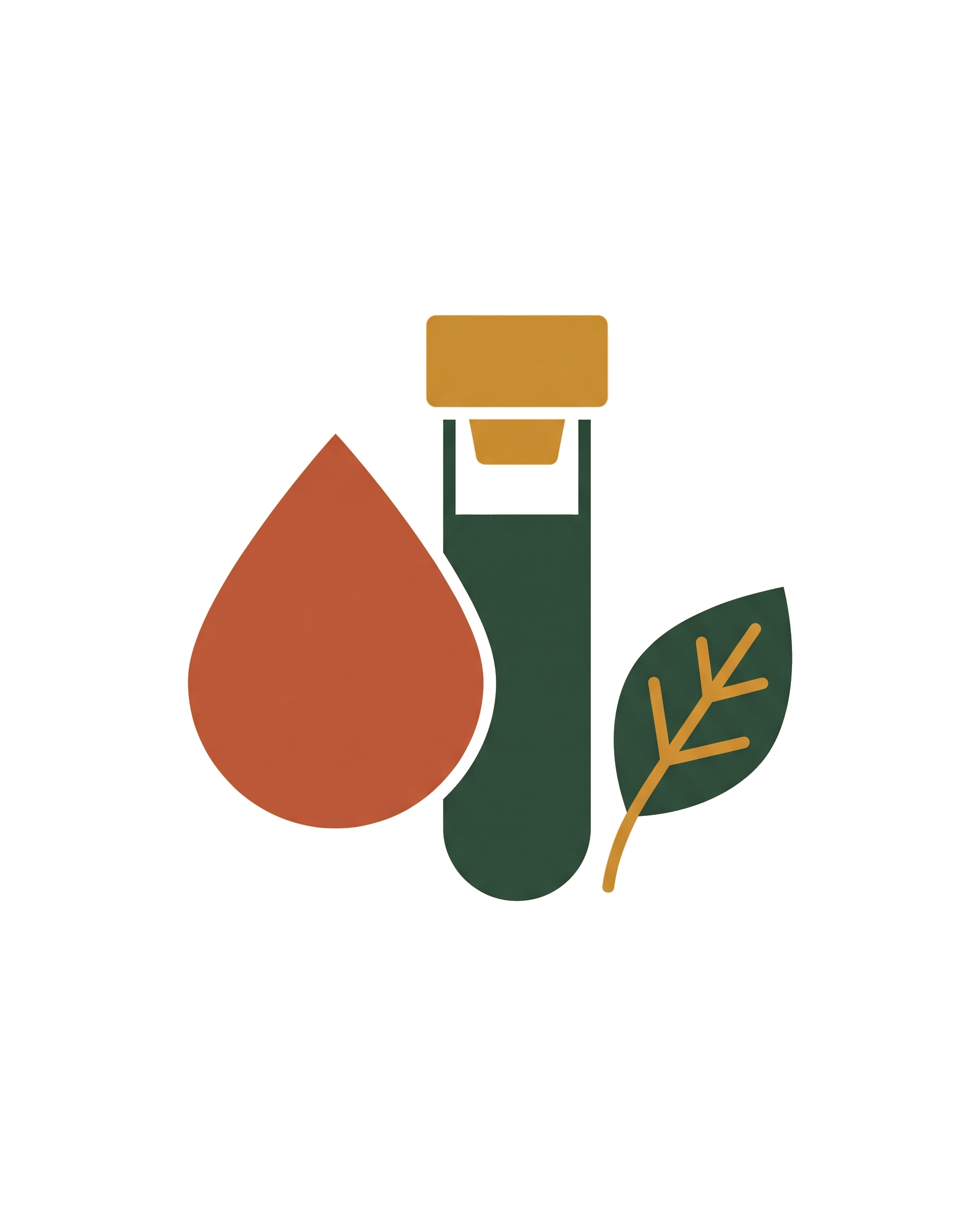 Flat illustration of a blood drop, a test vial, and a leaf